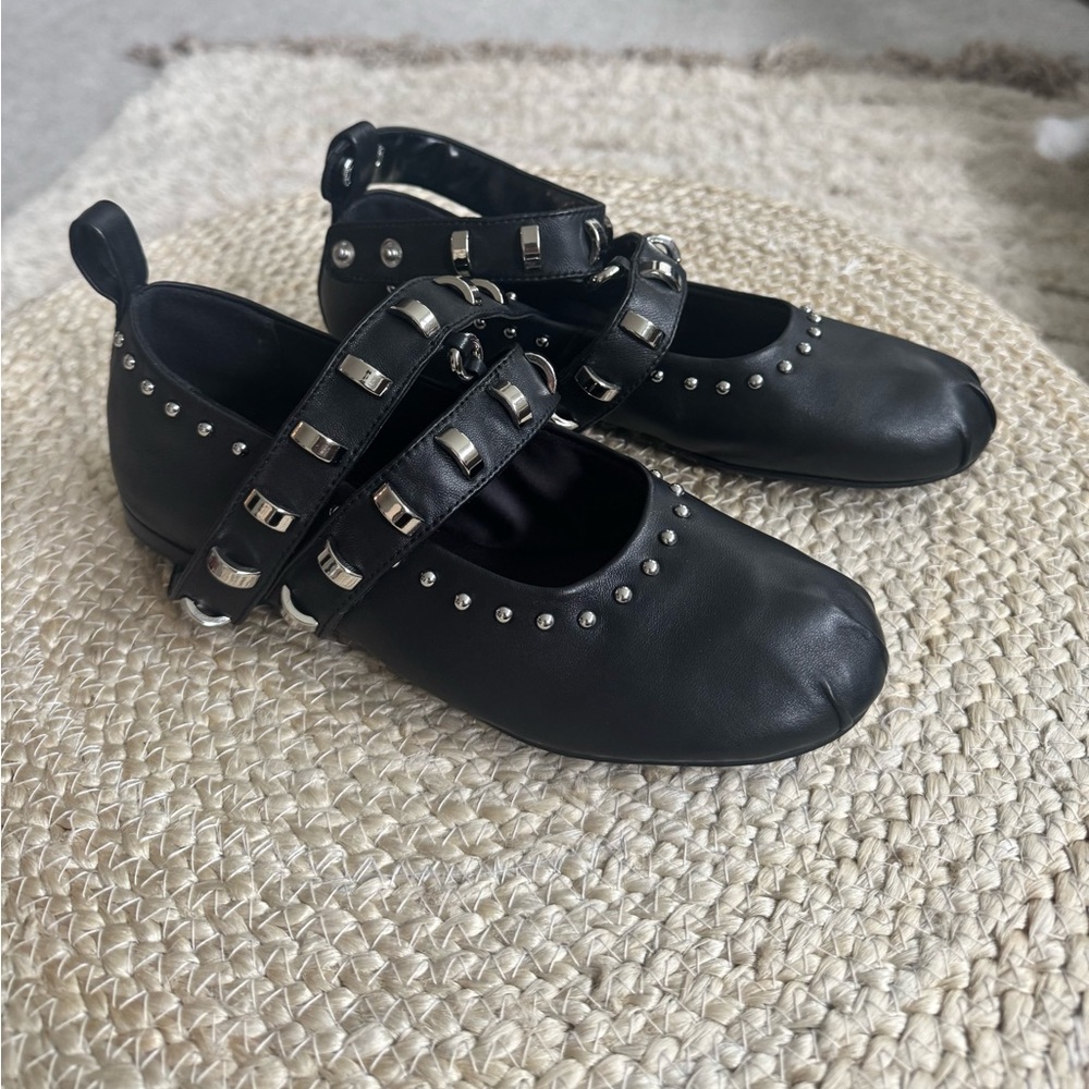 Black Studded Double-Strap Mary Jane Flats